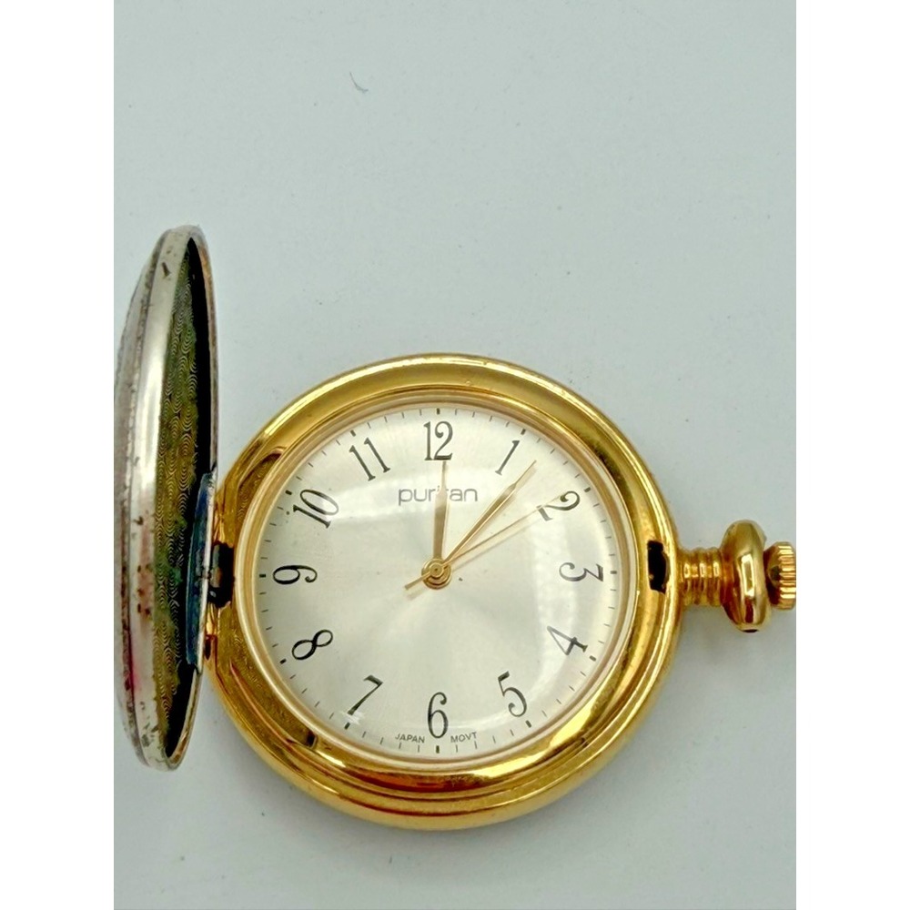 Puritan Quartz Pocket Watch Fishing Scene Hunter Case Working Japan Movement - Picture 4 of 7